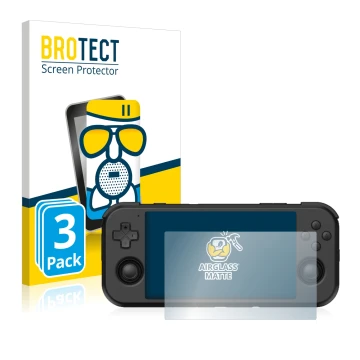 Face avant d’un emballage produit avec le logo de la marque BROTECT. À côté, l’appareil Retroid Pocket 3 est représenté avec l