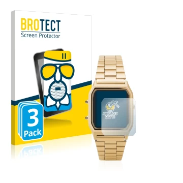 Face avant d’un emballage produit avec le logo de la marque BROTECT. À côté, l’appareil Casio AQ-230GA est représenté avec la 