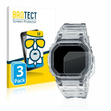 Face avant d’un emballage produit avec le logo de la marque BROTECT. À côté, l’appareil Casio G-Shock DW-5600SKE-7 est représe