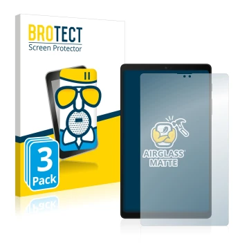 Face avant d’un emballage produit avec le logo de la marque BROTECT. À côté, l’appareil Samsung Galaxy Tab A7 Lite 2022 est re