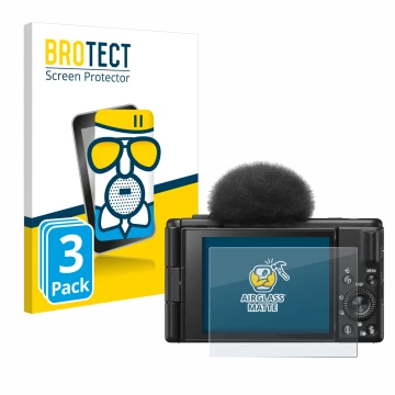 Face avant d’un emballage produit avec le logo de la marque BROTECT. À côté, l’appareil Sony ZV-1F est représenté avec la prot
