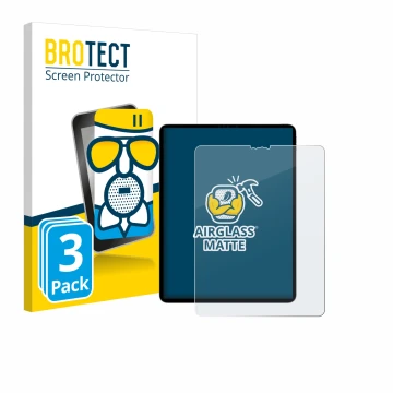 Face avant d’un emballage produit avec le logo de la marque BROTECT. À côté, l’appareil Apple iPad Pro 12.9