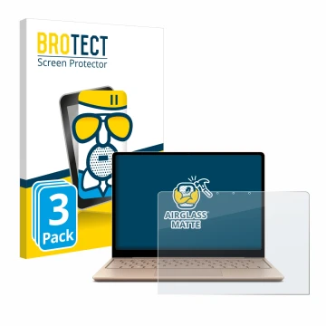 Face avant d’un emballage produit avec le logo de la marque BROTECT. À côté, l’appareil Microsoft Surface Laptop Go 2 Business