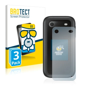 Face avant d’un emballage produit avec le logo de la marque BROTECT. À côté, l’appareil Nokia 2660 Flip (Arrière) est représen