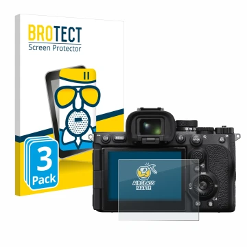 Face avant d’un emballage produit avec le logo de la marque BROTECT. À côté, l’appareil Sony Alpha 7R V / a7R V est représenté