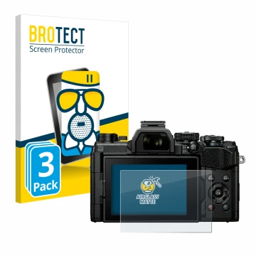 Face avant d’un emballage produit avec le logo de la marque BROTECT. À côté, l’appareil Olympus OM System OM-5 est représenté 