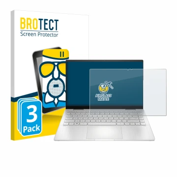 Face avant d’un emballage produit avec le logo de la marque BROTECT. À côté, l’appareil HP Pavilion x360 2-in-1 (14-ekX) est r