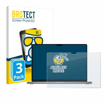 Face avant d’un emballage produit avec le logo de la marque BROTECT. À côté, l’appareil Apple MacBook Pro 16