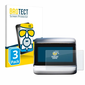 Face avant d’un emballage produit avec le logo de la marque BROTECT. À côté, l’appareil Tesla Model X Plaid 2023 (Affichage ar