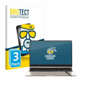 Face avant d’un emballage produit avec le logo de la marque BROTECT. À côté, l’appareil Samsung Galaxy Book3 360 15.6