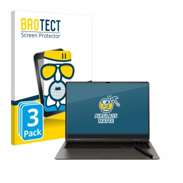Face avant d’un emballage produit avec le logo de la marque BROTECT. À côté, l’appareil Samsung Galaxy Book3 Pro 360 16