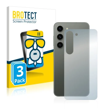 Face avant d’un emballage produit avec le logo de la marque BROTECT. À côté, l’appareil Samsung Galaxy S23 (Arrière) est repré