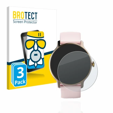 Face avant d’un emballage produit avec le logo de la marque BROTECT. À côté, l’appareil Hama Fit Watch 4910 est représenté ave