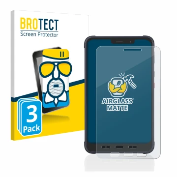 Face avant d’un emballage produit avec le logo de la marque BROTECT. À côté, l’appareil Samsung Galaxy Tab Active 3 Enterprise