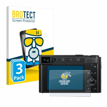 Face avant d’un emballage produit avec le logo de la marque BROTECT. À côté, l’appareil Panasonic Lumix DC-TZ202D est représen