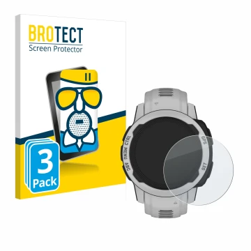 Face avant d’un emballage produit avec le logo de la marque BROTECT. À côté, l’appareil Garmin Instinct 2S Solar (40 mm) est r