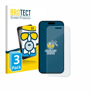 Face avant d’un emballage produit avec le logo de la marque BROTECT. À côté, l’appareil Apple iPhone 15 est représenté avec la