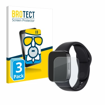 Face avant d’un emballage produit avec le logo de la marque BROTECT. À côté, l’appareil Xiaomi Redmi Watch 3 est représenté av