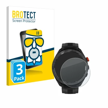Face avant d’un emballage produit avec le logo de la marque BROTECT. À côté, l’appareil Garmin Approach S70 (47 mm) est représ