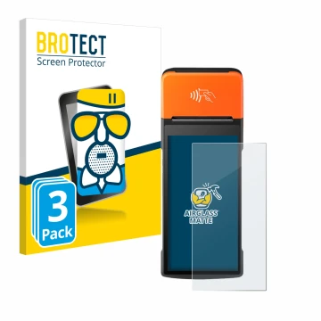 Face avant d’un emballage produit avec le logo de la marque BROTECT. À côté, l’appareil Sunmi V2 Pro est représenté avec la pr