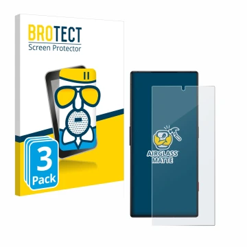 Face avant d’un emballage produit avec le logo de la marque BROTECT. À côté, l’appareil ZTE Nubia Red Magic 8S Pro est représe