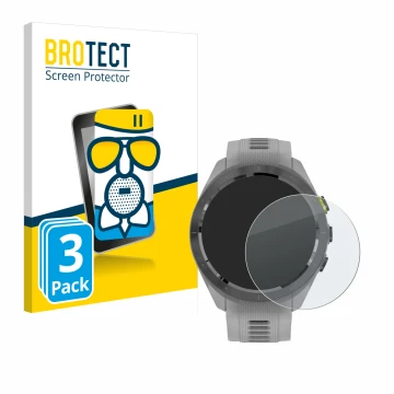 Face avant d’un emballage produit avec le logo de la marque BROTECT. À côté, l’appareil Garmin Approach S70 (42 mm) est représ