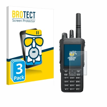 Face avant d’un emballage produit avec le logo de la marque BROTECT. À côté, l’appareil Motorola Mototrbo R7 est représenté av
