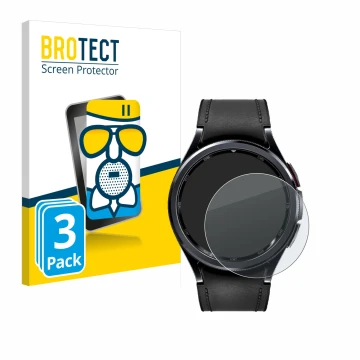 Face avant d’un emballage produit avec le logo de la marque BROTECT. À côté, l’appareil Samsung Galaxy Watch 6 Classic (43 mm)