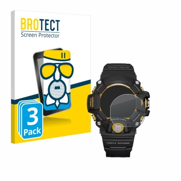 Face avant d’un emballage produit avec le logo de la marque BROTECT. À côté, l’appareil Casio G-Shock GW-9400Y-1 est représent