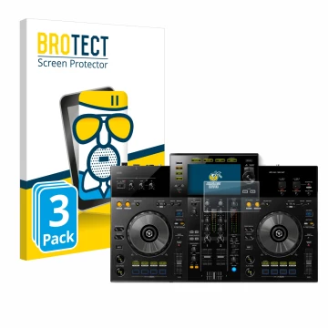 Face avant d’un emballage produit avec le logo de la marque BROTECT. À côté, l’appareil Pioneer XDJ -RR est représenté avec la