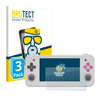 Face avant d’un emballage produit avec le logo de la marque BROTECT. À côté, l’appareil Anbernic RG505 est représenté avec la 