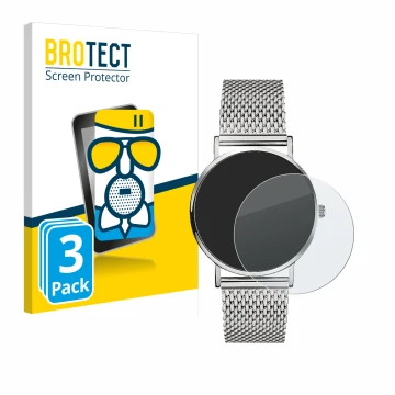 Face avant d’un emballage produit avec le logo de la marque BROTECT. À côté, l’appareil Liebeskind New Case Mesh (34 mm) est r