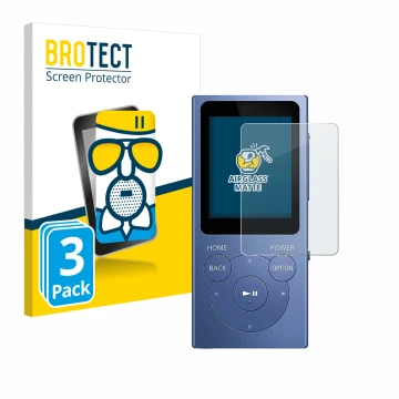 Face avant d’un emballage produit avec le logo de la marque BROTECT. À côté, l’appareil Sony Walkman NW-E394 est représenté av