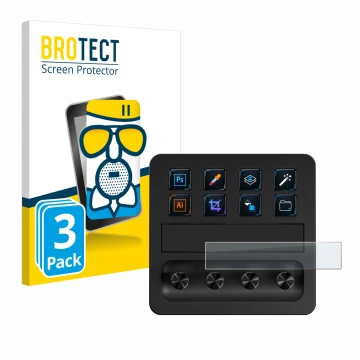 Face avant d’un emballage produit avec le logo de la marque BROTECT. À côté, l’appareil Elgato Stream Deck + est représenté av
