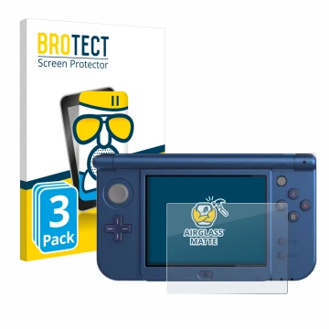 Face avant d’un emballage produit avec le logo de la marque BROTECT. À côté, l’appareil Nintendo New 3DS XL (Affichage inférie