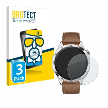 Face avant d’un emballage produit avec le logo de la marque BROTECT. À côté, l’appareil Huawei Watch GT 4 (46mm) est représent