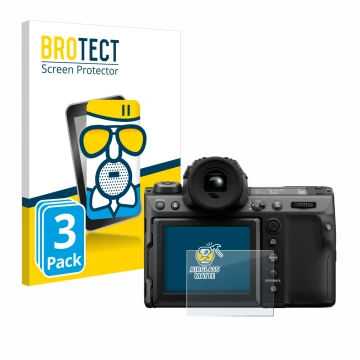 Face avant d’un emballage produit avec le logo de la marque BROTECT. À côté, l’appareil Fujifilm GFX100 II est représenté avec