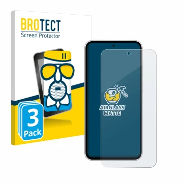 Face avant d’un emballage produit avec le logo de la marque BROTECT. À côté, l’appareil Samsung Galaxy S23 FE est représenté a