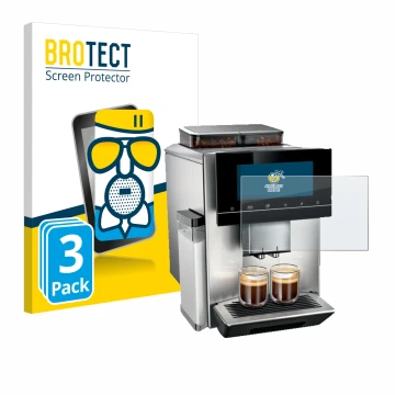 Face avant d’un emballage produit avec le logo de la marque BROTECT. À côté, l’appareil Siemens EQ900 TQ907D03 est représenté 
