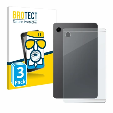 Face avant d’un emballage produit avec le logo de la marque BROTECT. À côté, l’appareil Samsung Galaxy Tab A9 WiFi (Arrière) e