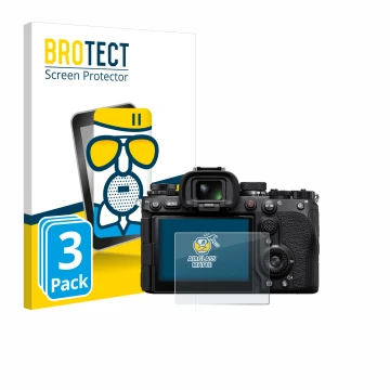 Face avant d’un emballage produit avec le logo de la marque BROTECT. À côté, l’appareil Sony Alpha 9 III est représenté avec l