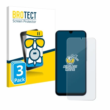 Face avant d’un emballage produit avec le logo de la marque BROTECT. À côté, l’appareil Samsung Galaxy A15 5G est représenté a