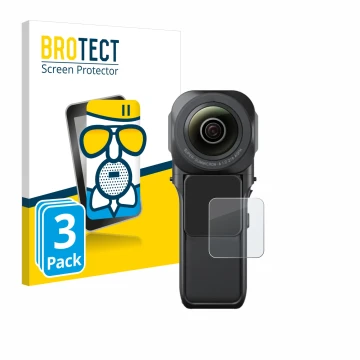 Face avant d’un emballage produit avec le logo de la marque BROTECT. À côté, l’appareil Insta360 One RS 1-Zoll 360 est représe