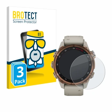 Face avant d’un emballage produit avec le logo de la marque BROTECT. À côté, l’appareil Garmin Descent Mk3 (43 mm) est représe