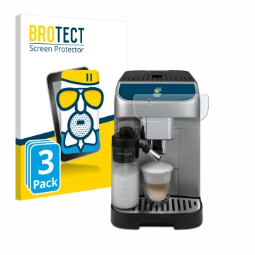 Face avant d’un emballage produit avec le logo de la marque BROTECT. À côté, l’appareil DeLonghi Magnifica Plus est représenté
