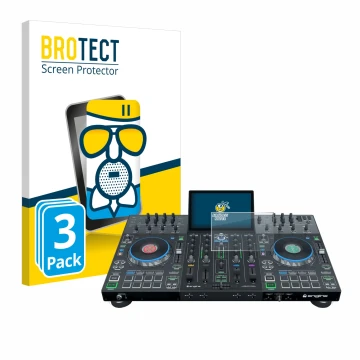 Face avant d’un emballage produit avec le logo de la marque BROTECT. À côté, l’appareil Denon DJ Prime 4+ est représenté avec 