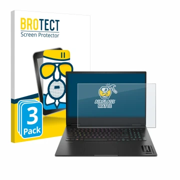 Face avant d’un emballage produit avec le logo de la marque BROTECT. À côté, l’appareil HP Omen 16 2024 est représenté avec la