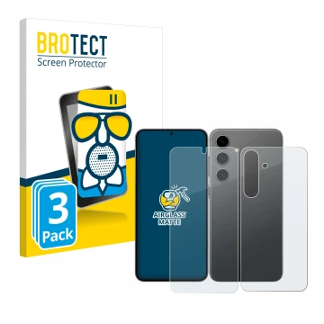 Face avant d’un emballage produit avec le logo de la marque BROTECT. À côté, l’appareil Samsung Galaxy S24 (Avant+Arrière) est