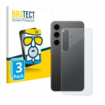 Face avant d’un emballage produit avec le logo de la marque BROTECT. À côté, l’appareil Samsung Galaxy S24 Plus (Arrière) est 
