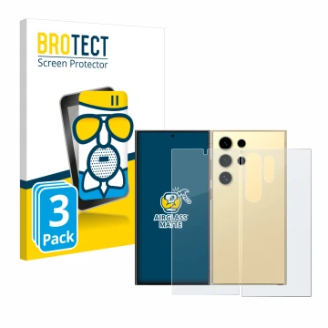 Face avant d’un emballage produit avec le logo de la marque BROTECT. À côté, l’appareil Samsung Galaxy S24 Ultra (case-friendl
